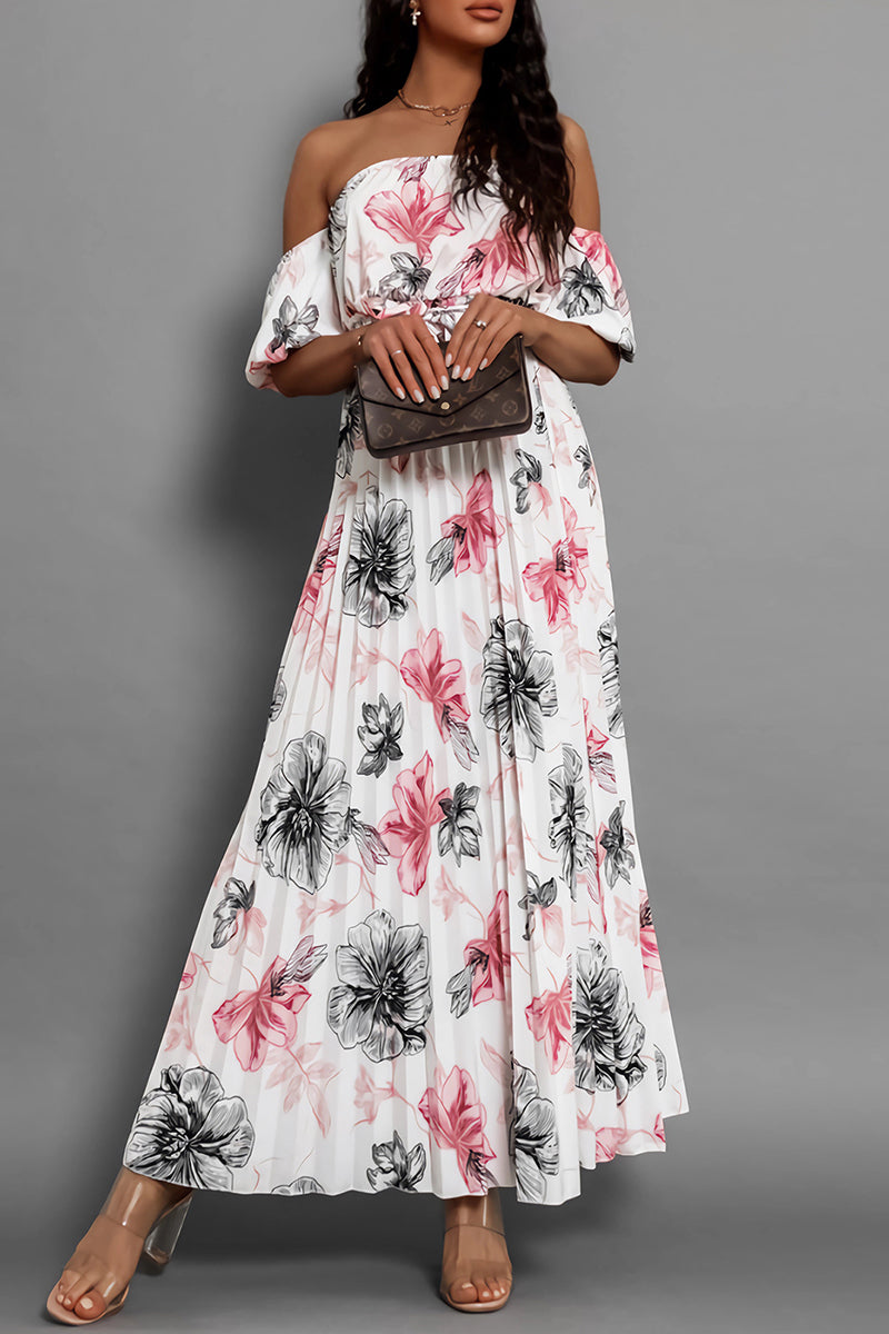 Avalon - Elegante vestido floral con hombros al aire y cintura lazada