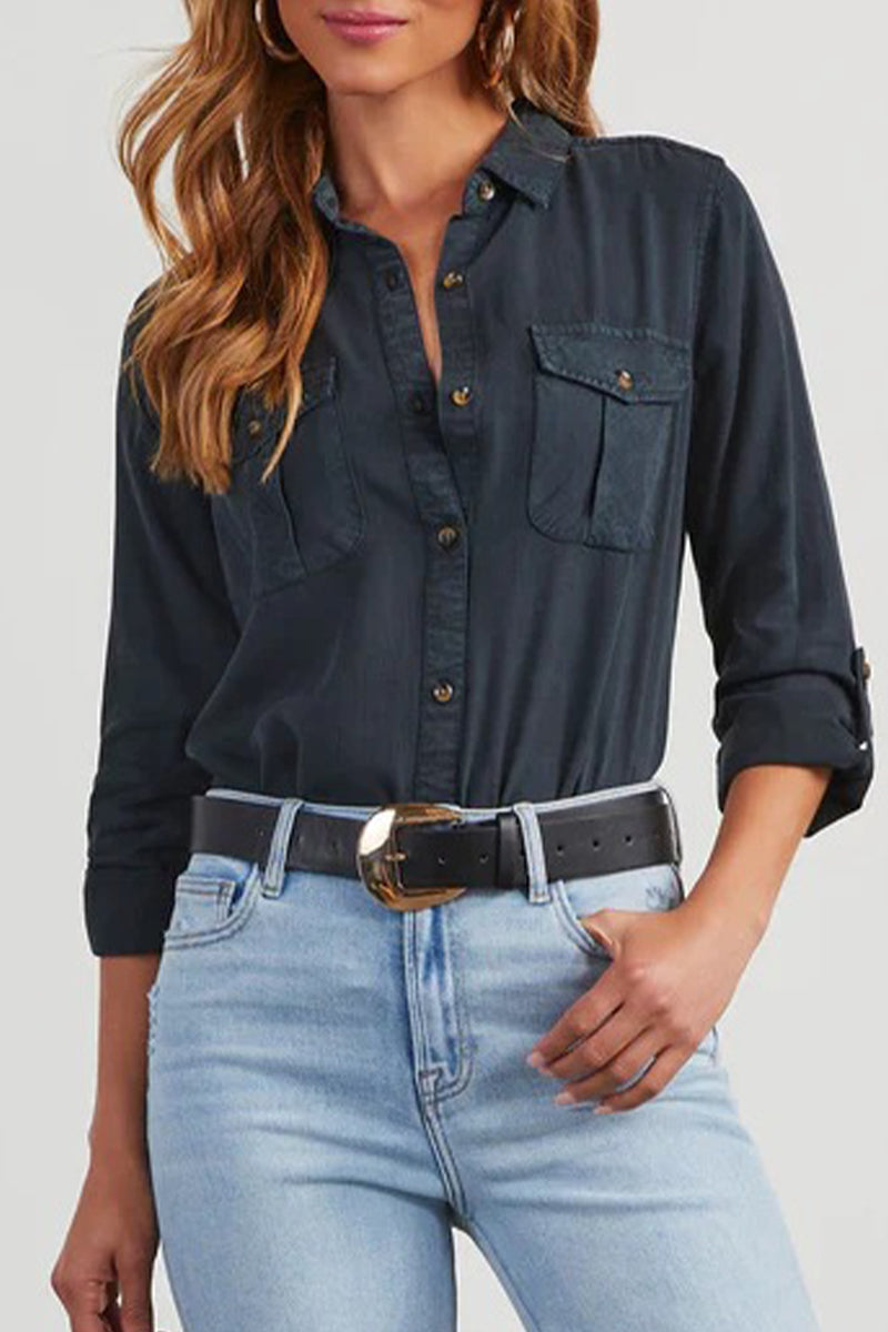 Rosalinda - Casual cuello vuelto botón de manga larga Blusa