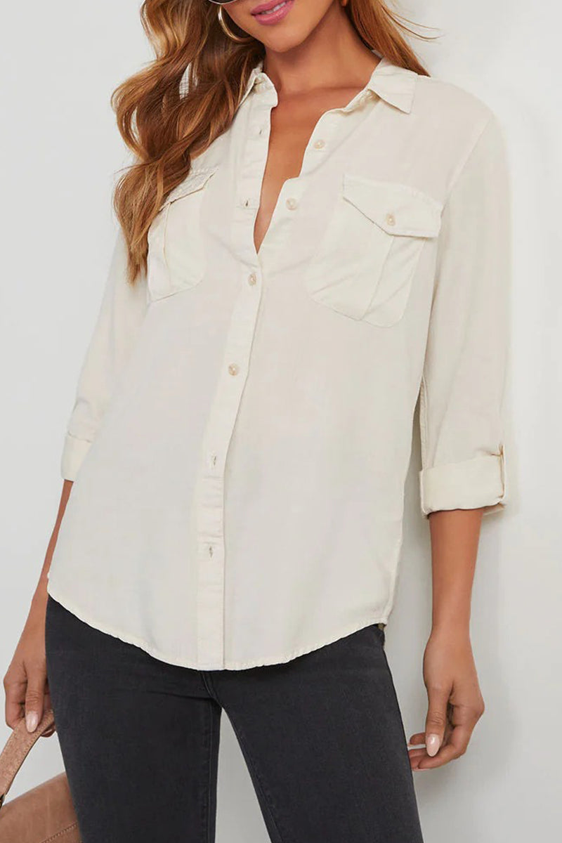 Rosalinda - Casual cuello vuelto botón de manga larga Blusa