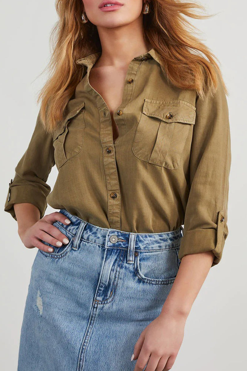 Rosalinda - Casual cuello vuelto botón de manga larga Blusa