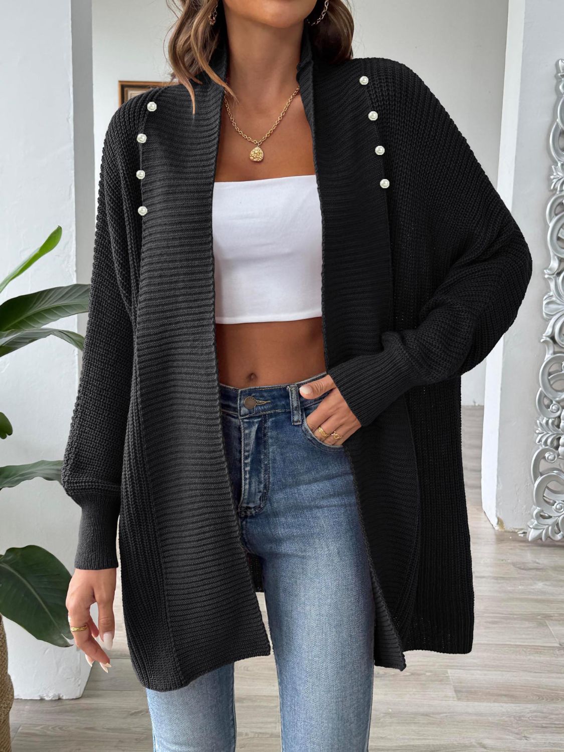Clarice - Chaqueta de punto de manga larga, suelta y elegante, con frente abierto