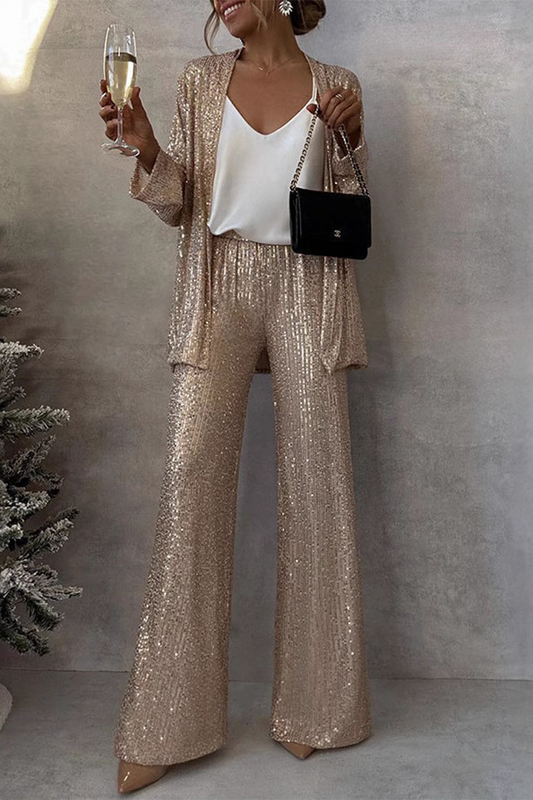Kiara - Elegante conjunto de chaqueta abierta de lentejuelas y pantalón ancho