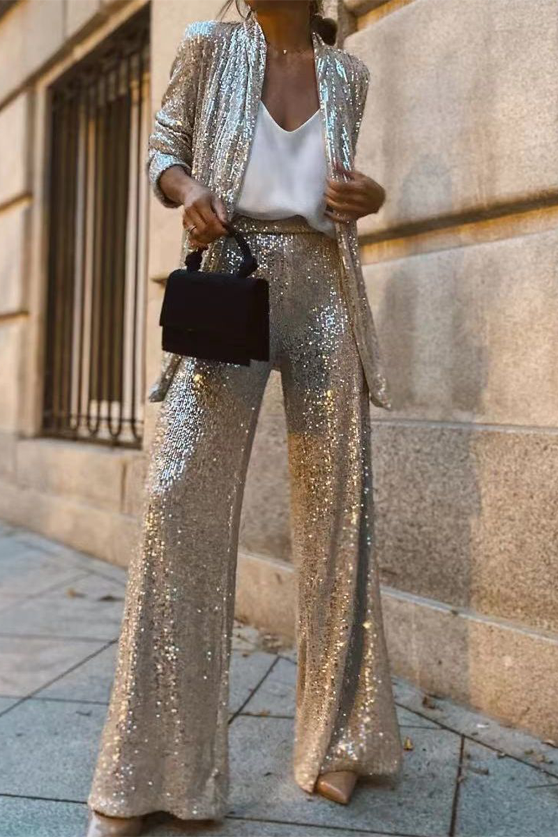 Kiara - Elegante conjunto de chaqueta abierta de lentejuelas y pantalón ancho