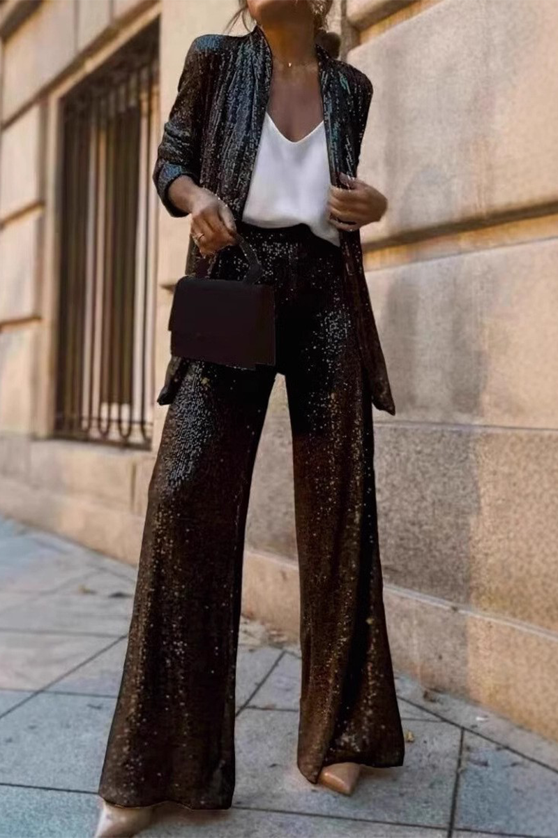 Kiara - Elegante conjunto de chaqueta abierta de lentejuelas y pantalón ancho