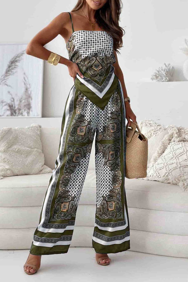 Fatima - Conjunto casual de top sin mangas y pantalón con estampado geométrico sin espalda