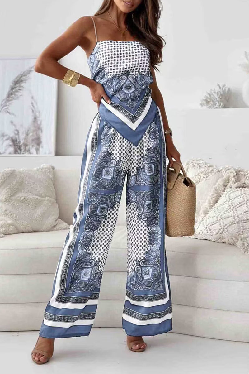 Fatima - Conjunto casual de top sin mangas y pantalón con estampado geométrico sin espalda