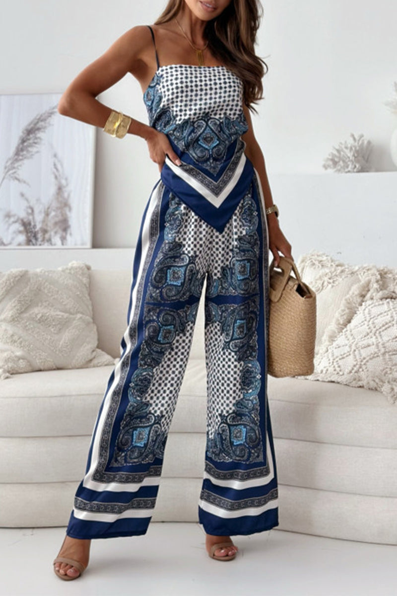 Fatima - Conjunto casual de top sin mangas y pantalón con estampado geométrico sin espalda