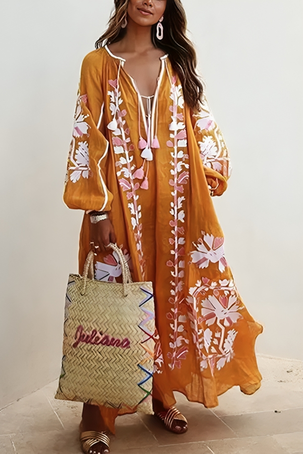 Revina - Vestido maxi de manga larga floral suelto