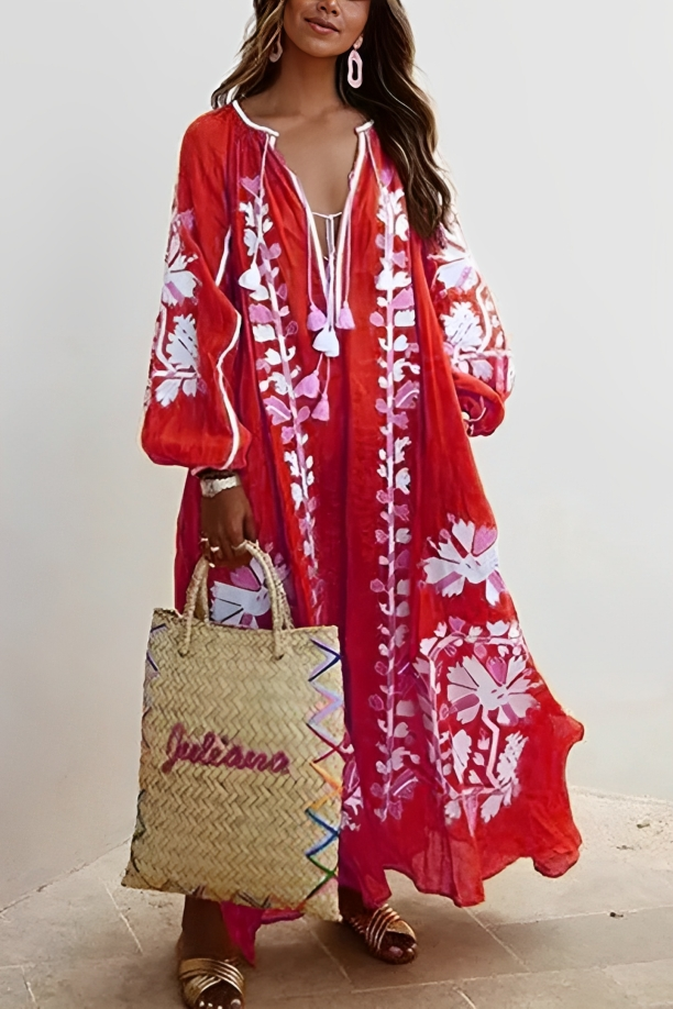 Revina - Vestido maxi de manga larga floral suelto