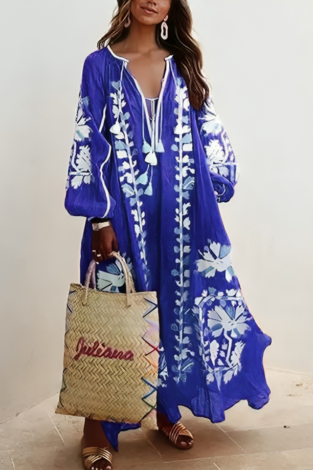Revina - Vestido maxi de manga larga floral suelto