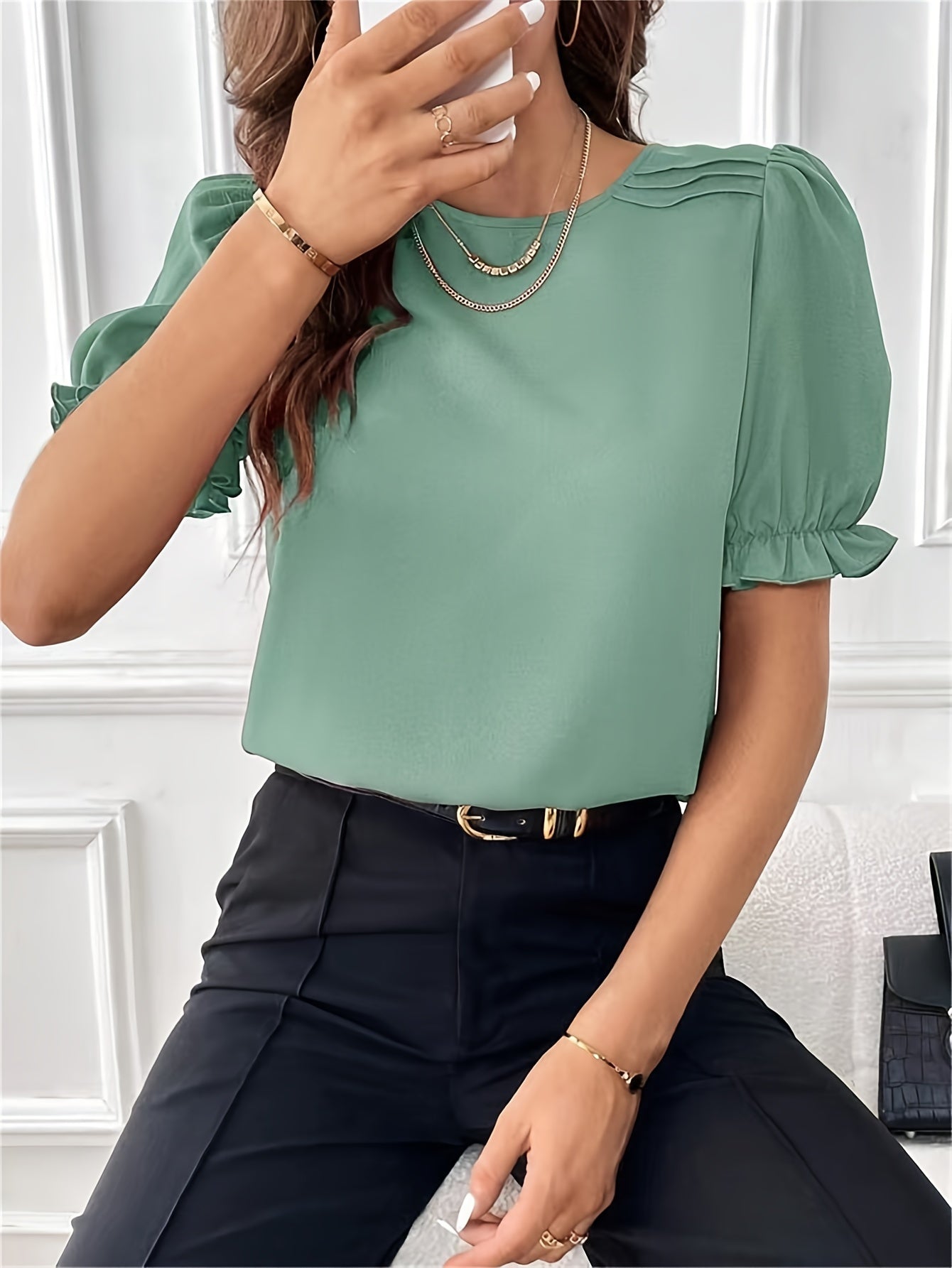 Elvina - Blusa de manga corta con volante informal