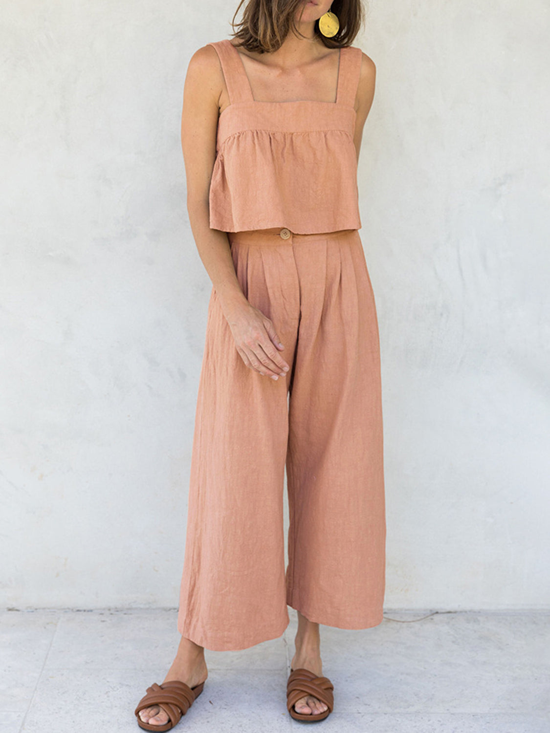 Meilin - Elegante conjunto de top corto con cuello cuadrado y tirantes anchos y pantalones