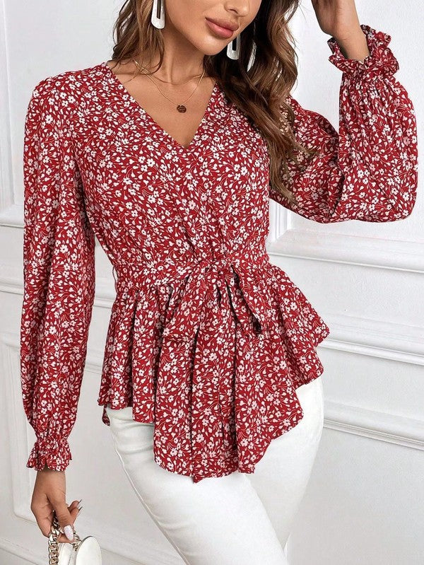 Corinne - Elegante blusa de manga larga con estampado floral y cuello en V para mujer
