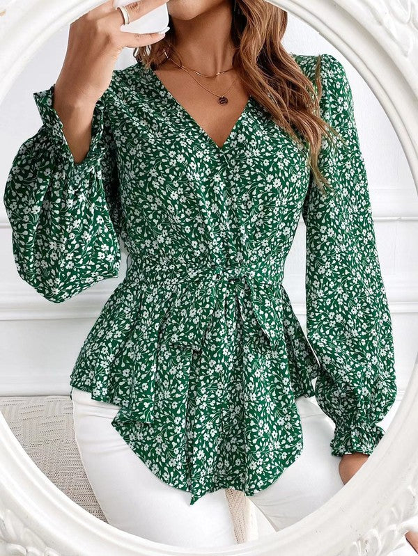 Corinne - Elegante blusa de manga larga con estampado floral y cuello en V para mujer