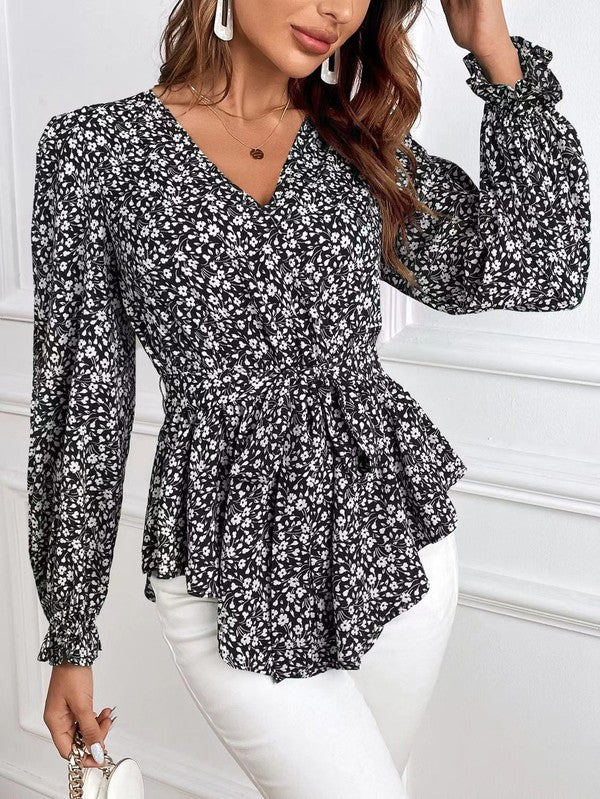 Corinne - Elegante blusa de manga larga con estampado floral y cuello en V para mujer