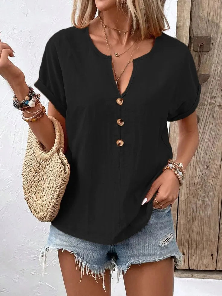 Vexana - Blusa casual de manga corta con cuello de muesca y botones