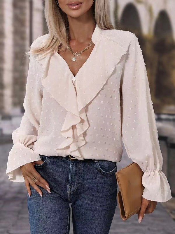 Anika - Elegante blusa de manga larga con cuello de pico y volante de lunares suizos