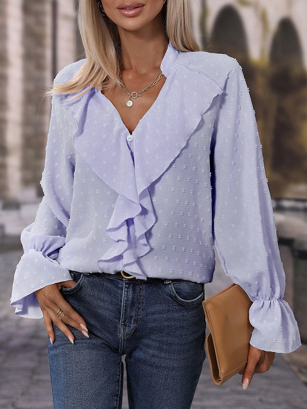 Anika - Elegante blusa de manga larga con cuello de pico y volante de lunares suizos