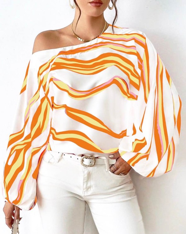 Lisette - Elegante blusa de manga larga con rayas sueltas y hombros descubiertos