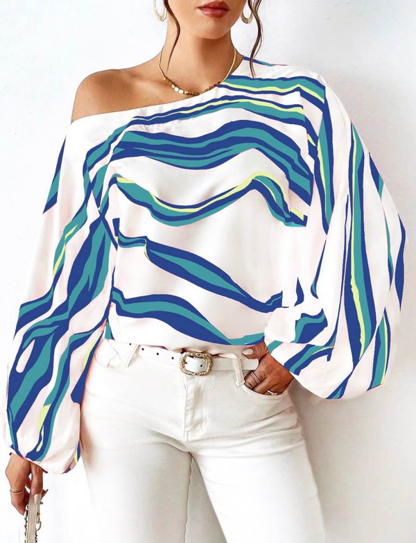Lisette - Elegante blusa de manga larga con rayas sueltas y hombros descubiertos