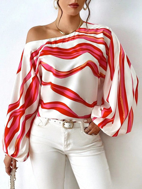 Lisette - Elegante blusa de manga larga con rayas sueltas y hombros descubiertos