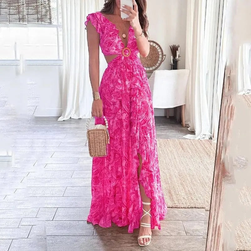 Aira - Vestido largo de verano con escote en V profundo y abertura floral