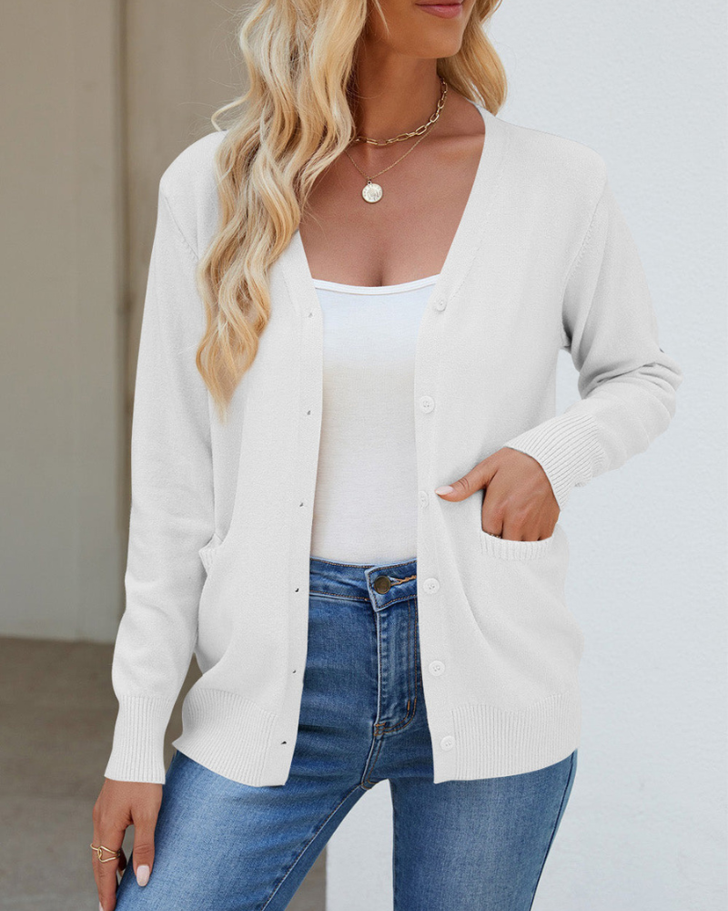 Bessie - Chaqueta de manga larga abotonada con cuello de pico y bolsillos