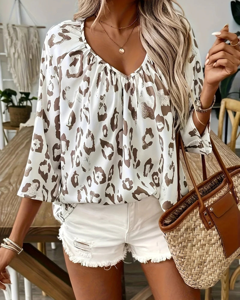 Xylaine - Elegante blusa suelta con cuello en V y estampado de leopardo de manga larga