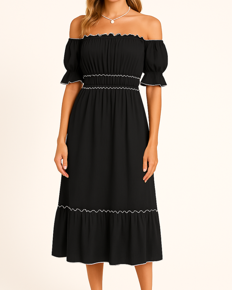Nina - Elegante vestido midi sin hombros