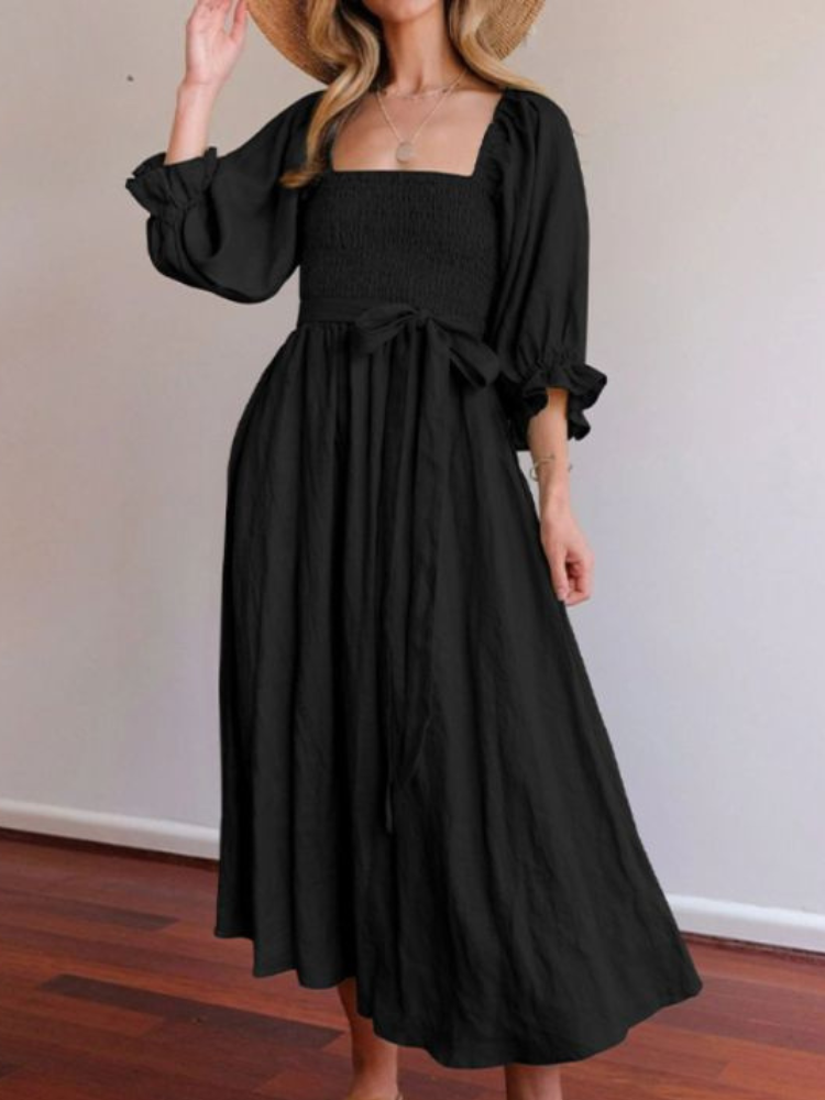 Liza - Elegante vestido de manga farol con volantes y cinturón de cordón