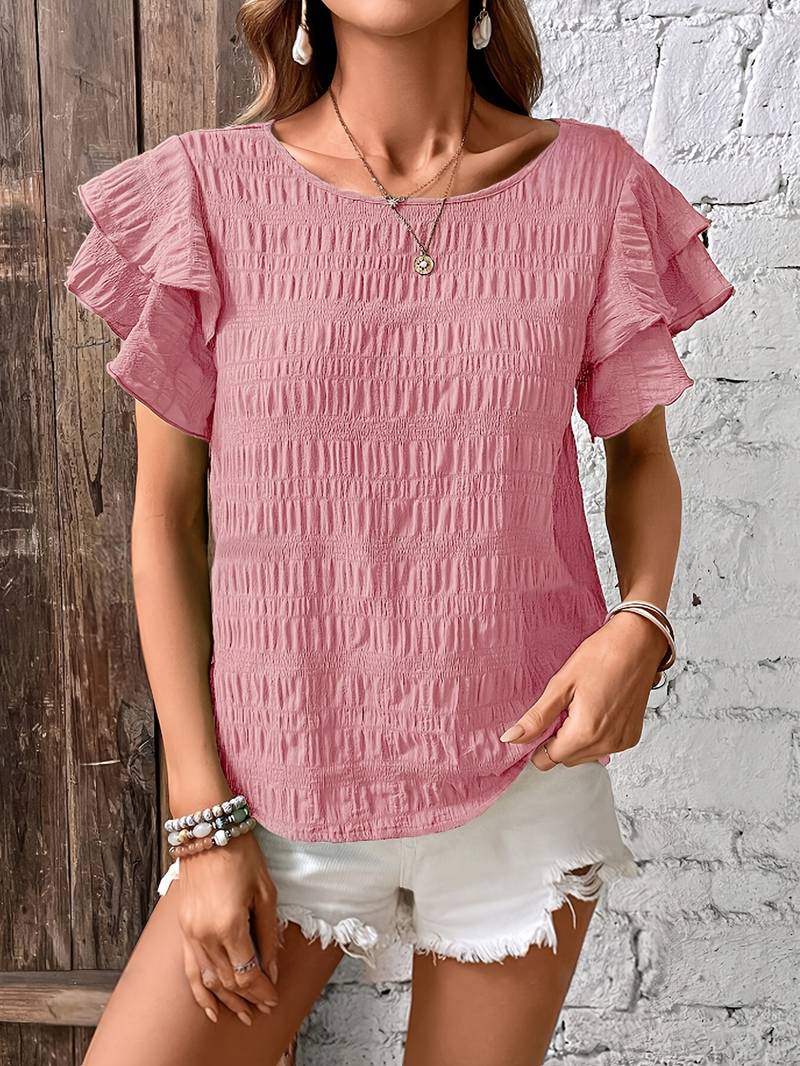 Catty - Elegante blusa de manga corta con volantes en capas y bordes texturizados