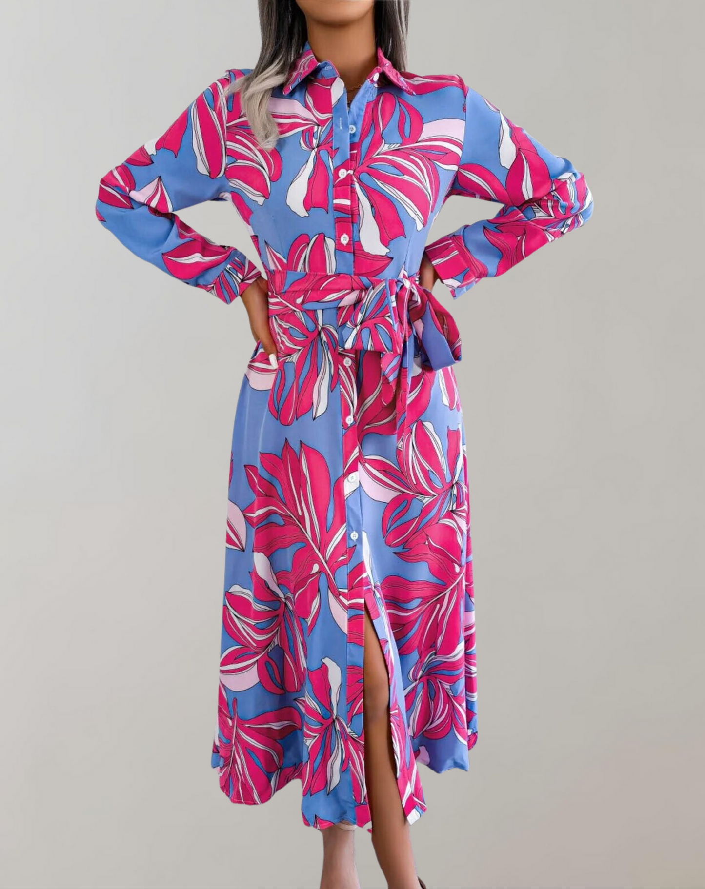 Rhosyn - Elegante vestido abotonado de manga larga con cinturón