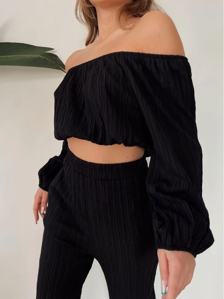 Elsa - Elegante conjunto de crop top sin hombros y pantalón de cintura alta y pernera ancha