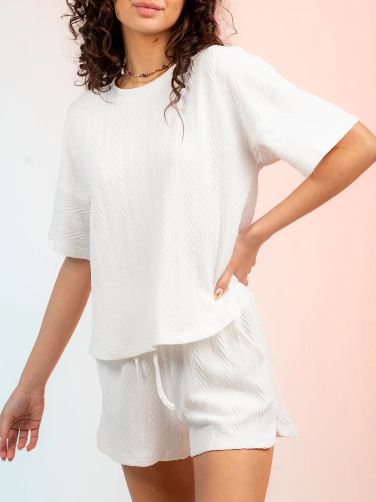 Kristy - Conjunto informal de top de cuello redondo con textura y pantalón corto