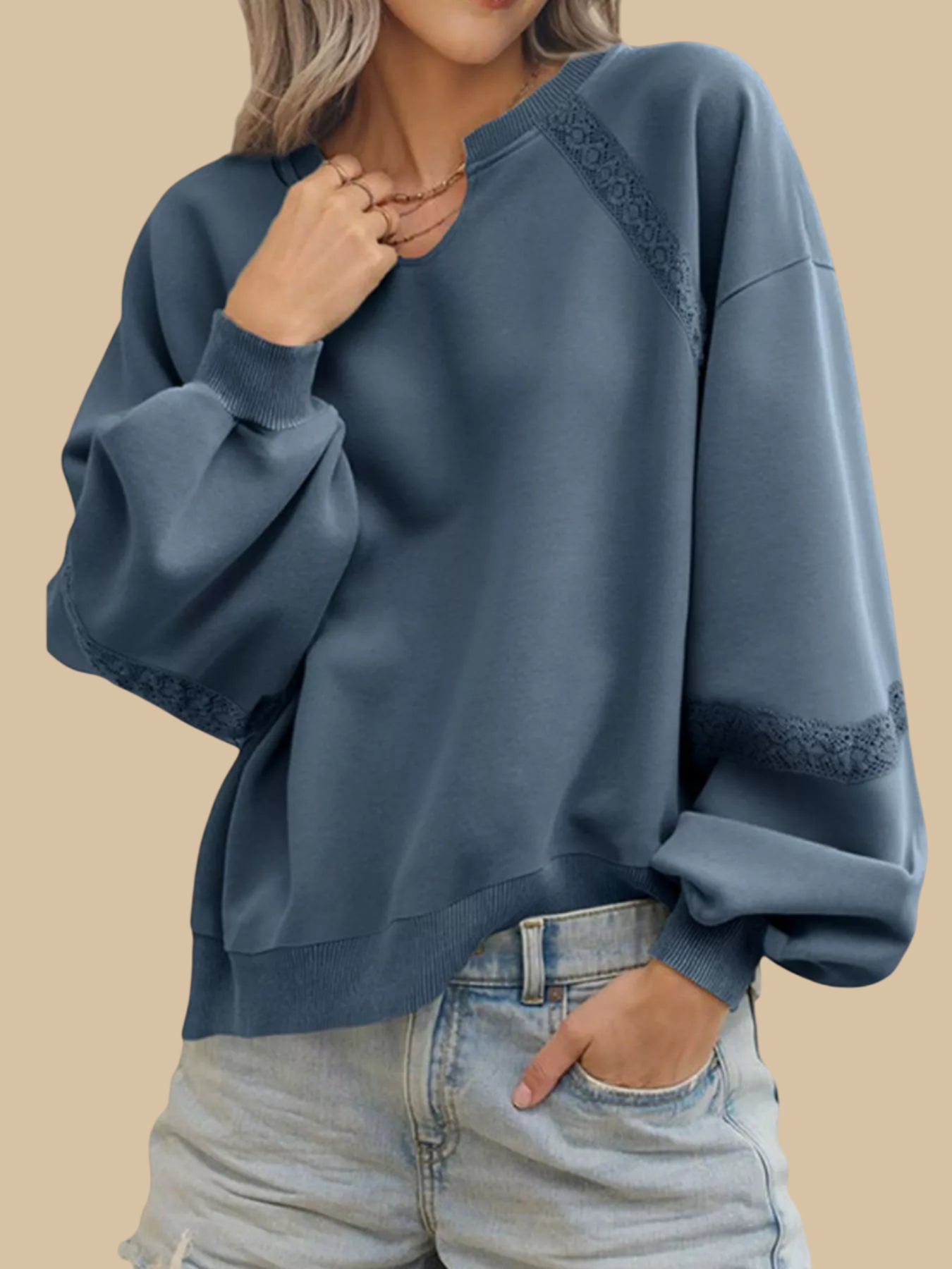 Dainora - Sudadera elegante y holgada de manga larga con detalles de encaje