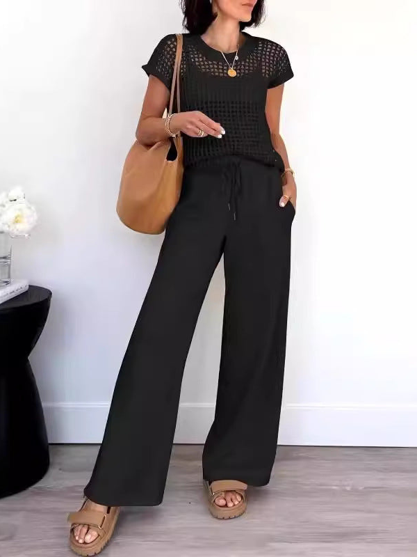 Delphine - Top de punto abierto de estilo casual y pantalón de pata ancha