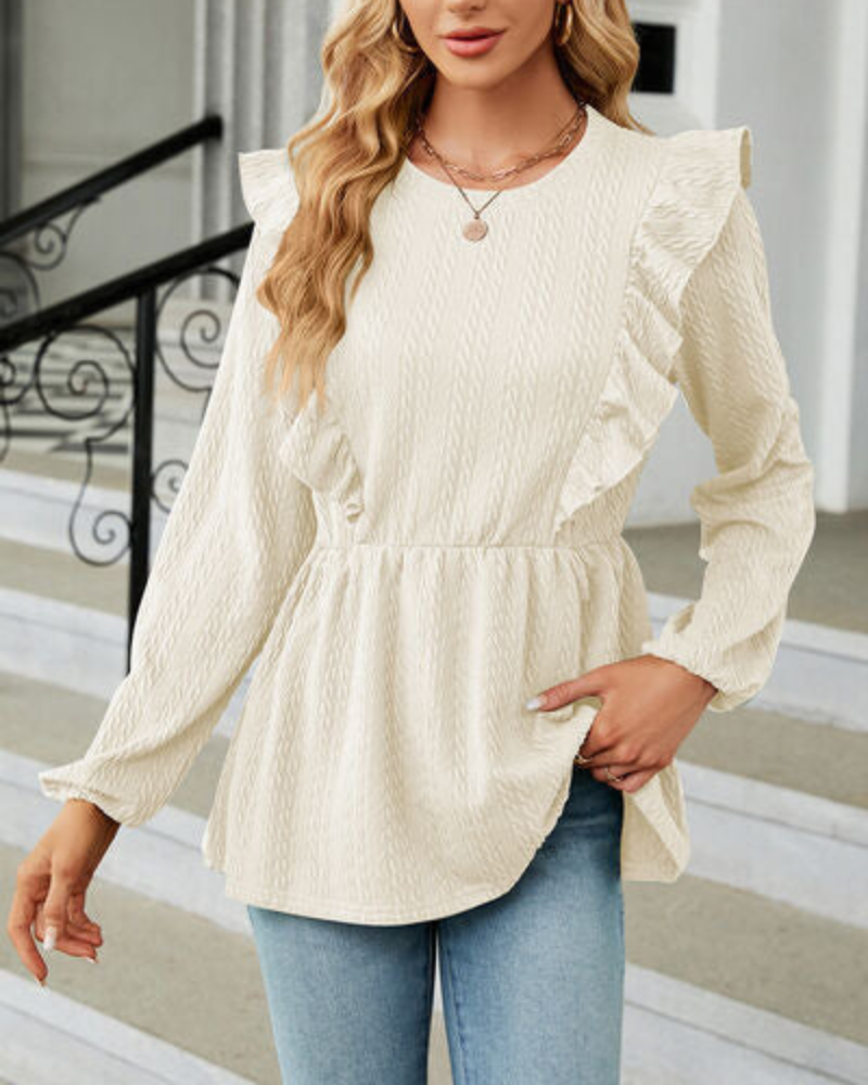Leilani - Elegante blusa de manga larga y cuello redondo con volantes