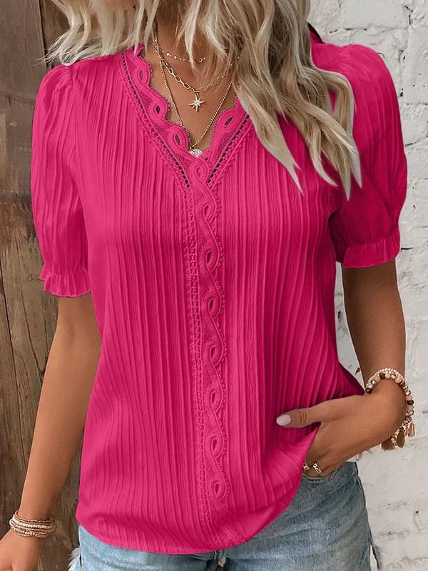 Rosemarie - Elegante blusa de manga corta con cuello de pico