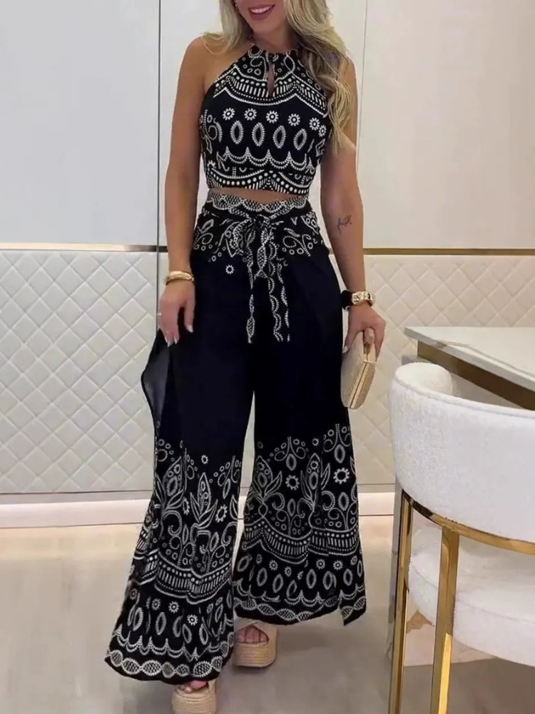 Darlynn  - Conjunto elegante de top corto sin espalda con estampado y pantalones anchos