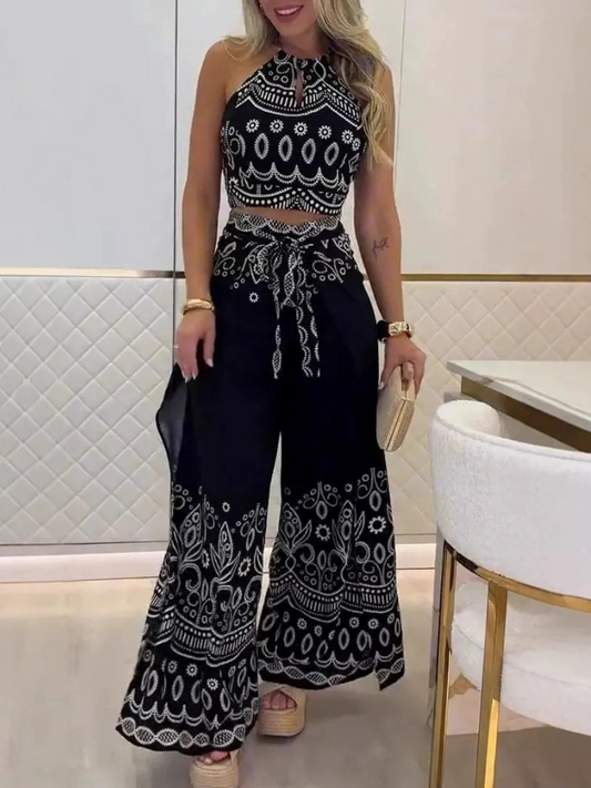 Darlynn  - Conjunto elegante de top corto sin espalda con estampado y pantalones anchos