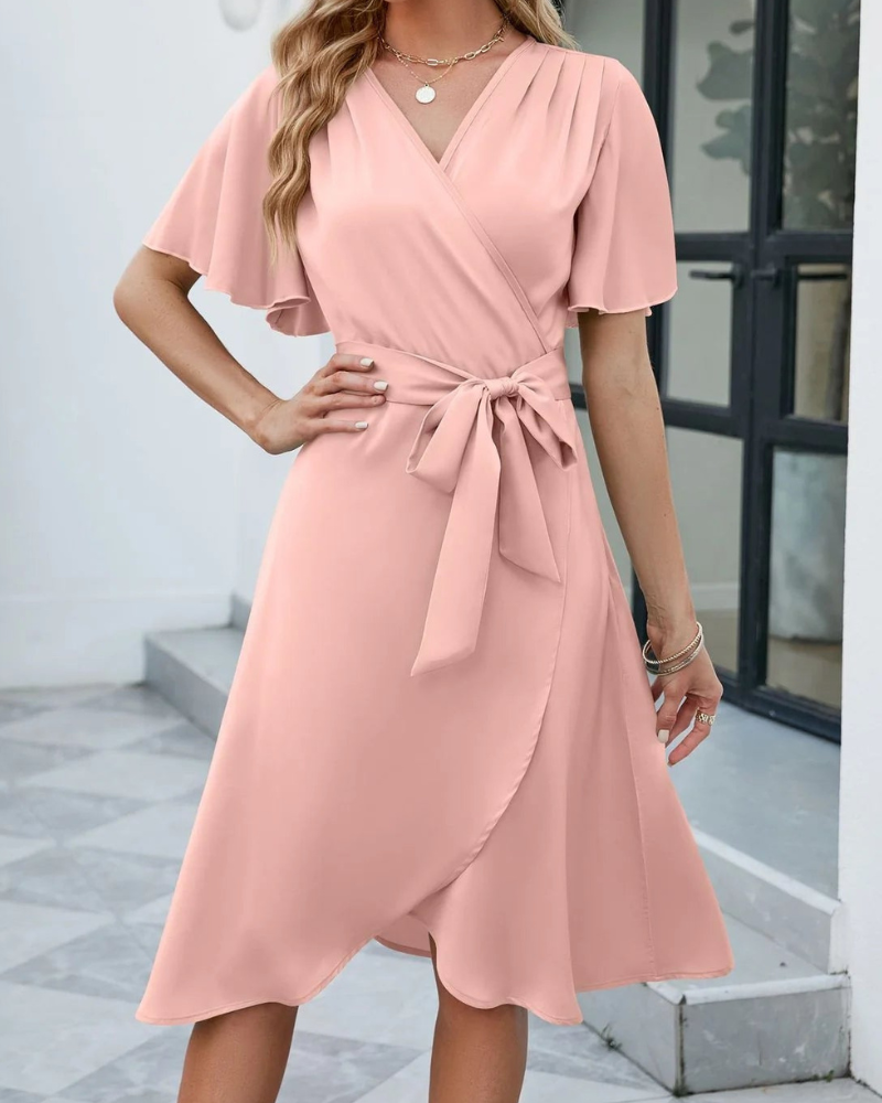 Athena - Elegante vestido acampanado de manga corta y escote en pico con cinturón de anudar