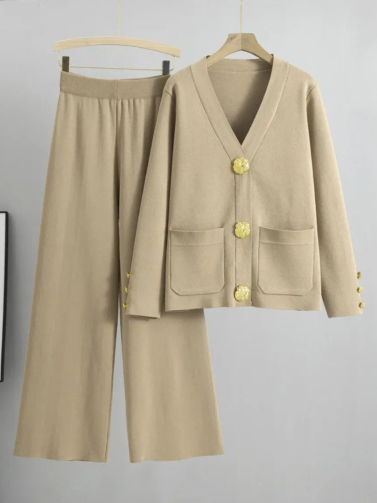 Rika - Elegante conjunto de cárdigan de punto con cuello en V y pantalones