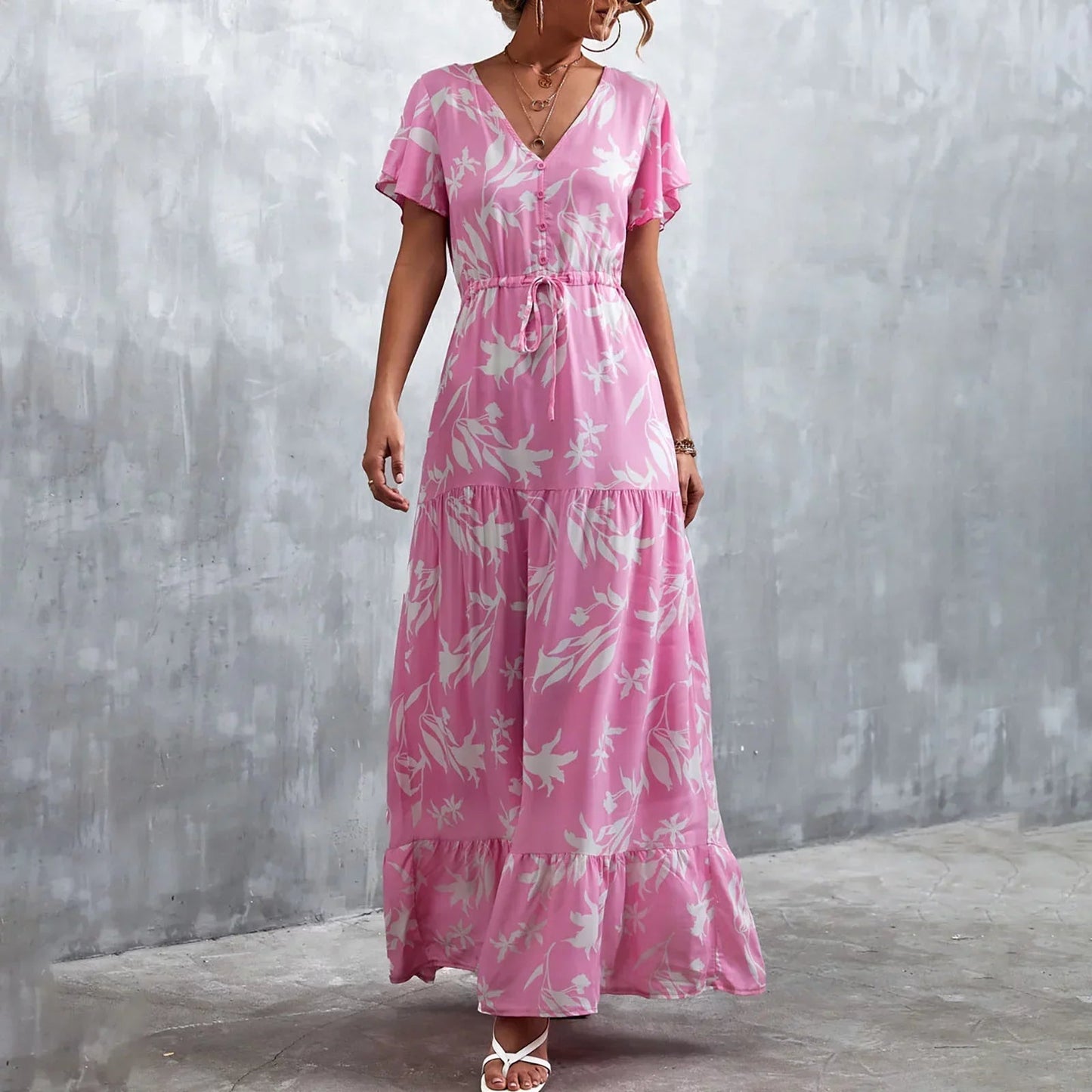 Blythe - Elegante maxivestido holgado de manga corta y escote en pico profundo