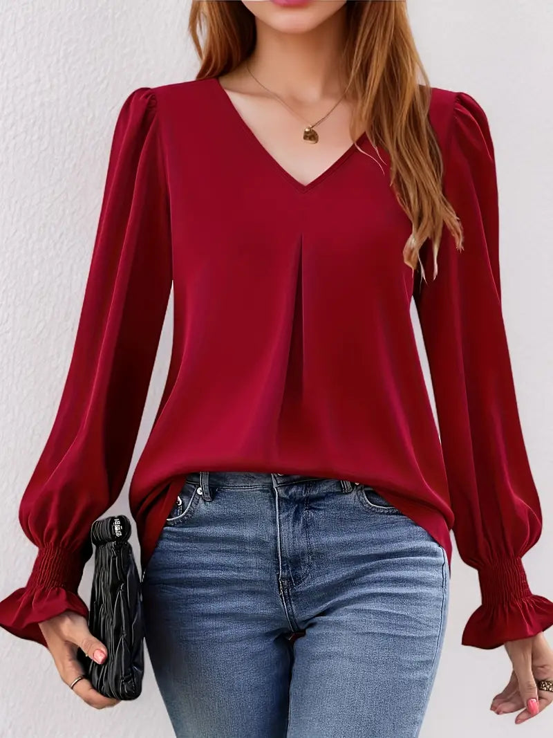 Rosalynn - Elegante blusa de gasa de manga larga y escote en pico