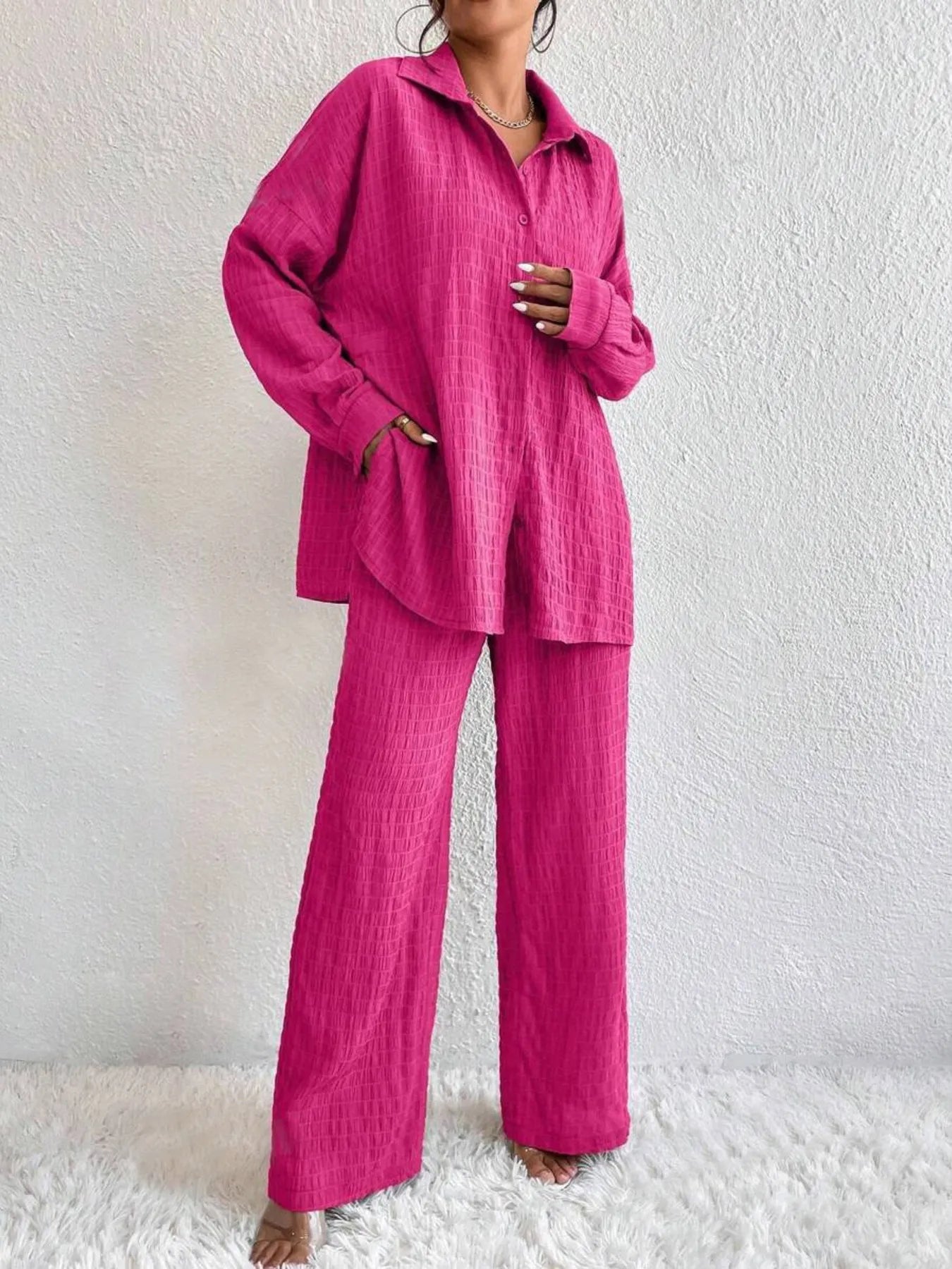 Lydia - Elegante conjunto de blusa abotonada de manga larga y pantalón