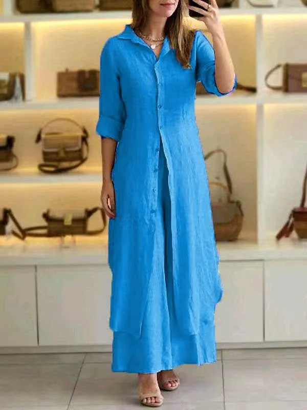 Sunniva - Conjunto informal de vestido largo abotonado de lino y pantalones anchos