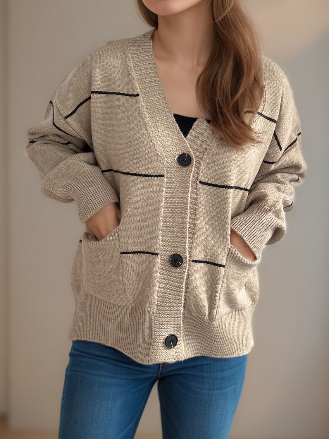 Aubrey - Chaqueta informal de manga larga con cuello en V y botones a rayas