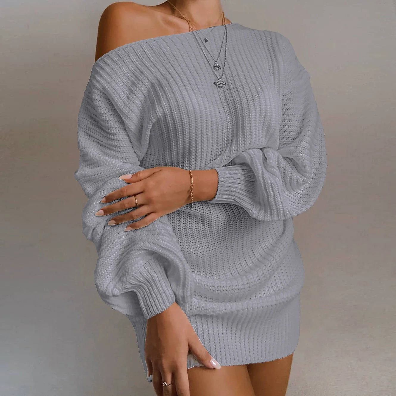 Yalena - Elegante vestido jersey de punto cálido con hombros descubiertos