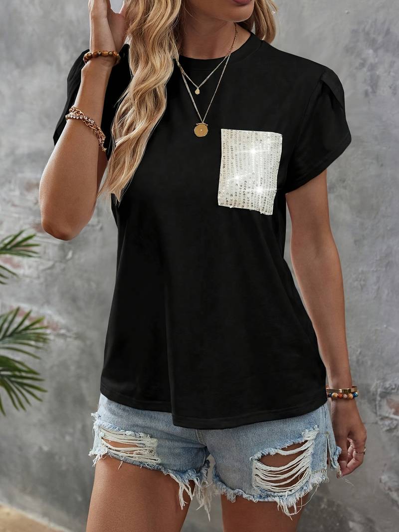 Shane - Top chic con mangas de pétalo y bolsillo de lentejuelas