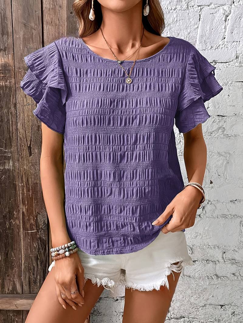 Catty - Elegante blusa de manga corta con volantes en capas y bordes texturizados